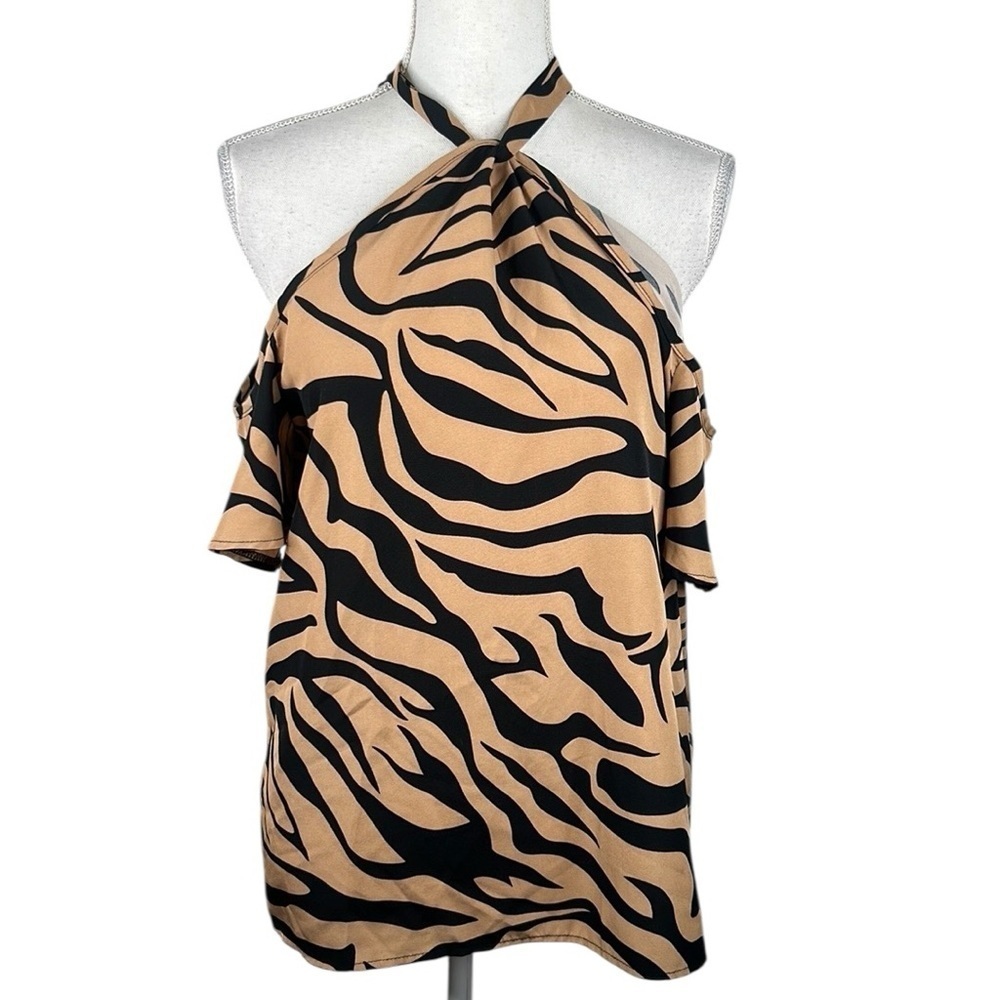 Shein Brown & Black‎ Zebra Print Cold Shoulder Summer Neck Tie Top Size Large